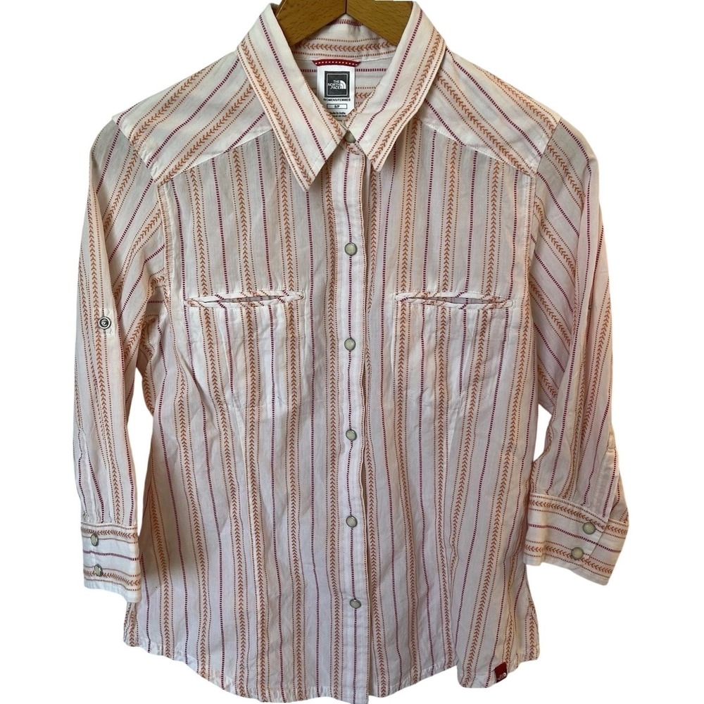 The North Face Women Small White Orange Striped Snap Front Roll Tab Sleeve Shirt